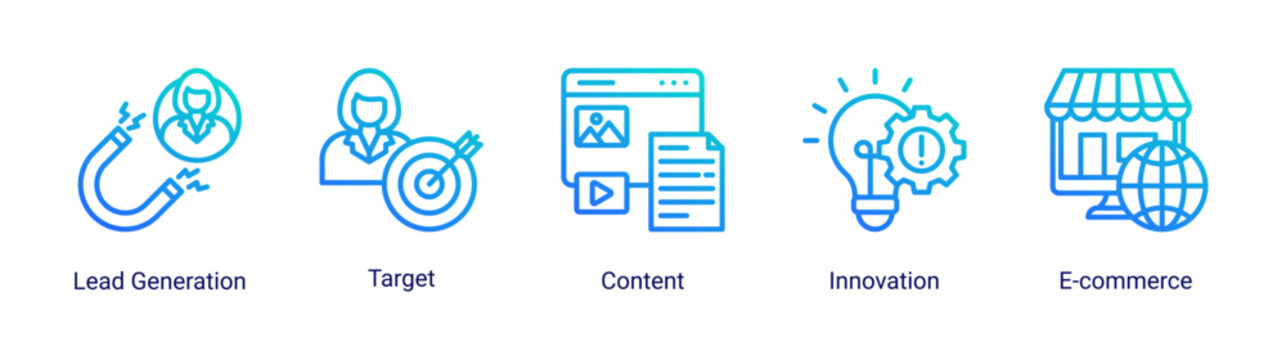 Business innovation icon set featuring lead generation,e-commerce,and creative content icons for startup and digital business projects.