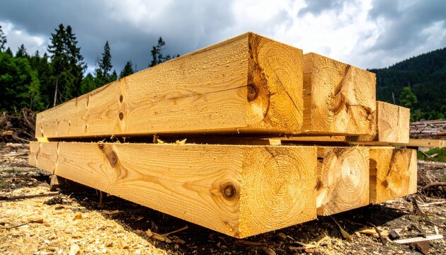 Rough cut timber planks stacked unevenly on the ground awaiting further shaping in an outdoor setting
