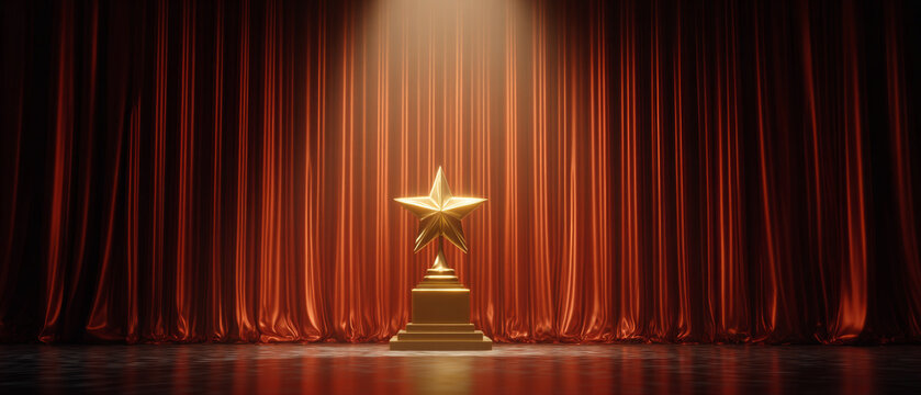Elegant golden star award trophy shining under dramatic spotlight on a red curtain stage.