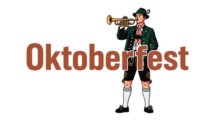 Fototapeta premium Oktoberfest Celebration: A man in traditional Bavarian attire plays a trumpet, celebrating the spirit of Oktoberfest.