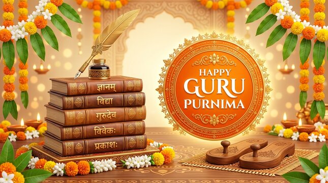 Happy guru purnima celebration with books and feather pen
