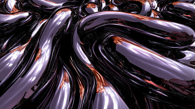Futuristic abstract background showing dark glossy organic flowing shapes with metallic purple and copper reflections moving continuously in a seamless 3d animated loop motion graphic.