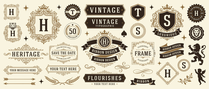 Vintage luxury monogram frame badge vector set with ribbon flourish typographic crest save the date wedding logo design
