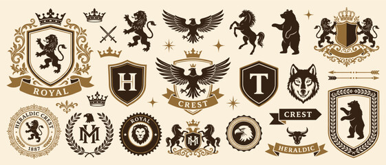 Heraldic royal crest shield badge vector set with lion eagle horse wolf crown vintage luxury logo emblem design  © Ahmed