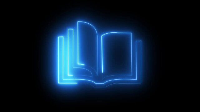 Glowing vertical book icon animation with neon open symbol on black background 4K video glowing neon colorful vertical book icon animation. 4k video