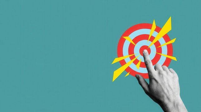 Human hand touching a dartboard on a colored background representing taking action.
