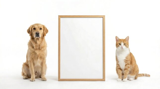 Golden retriever dog sitting beside orange and white cat behind blank wooden framed whiteboard in clean studio background highlighting companionship