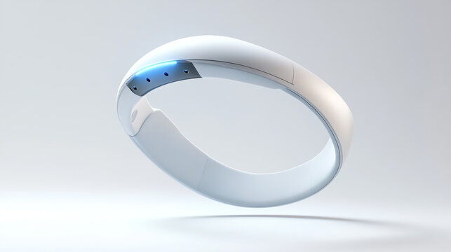 Advanced wearable white smart fitness band device with glowing blue display screen on a minimalist background.