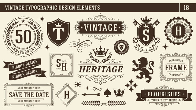 Vintage typographic design element vector set with anniversary heritage frame ribbon flourish crown badge retro logo template
