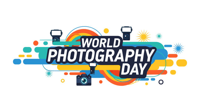 World Photography Day Celebration: Vibrant graphic art commemorating World Photography Day, featuring stylized camera, flashes, and colorful abstract shapes.