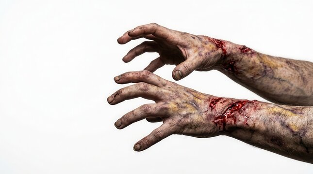 Scary zombie hands with blood and wounds reaching out.