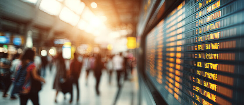 Crowded airport terminal with travelers in motion, departure board in focus, warm sunlight streaming through windows, modern travel concept.