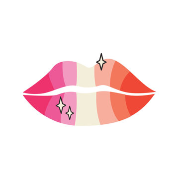 Sparkling lips illustration with lesbian pride flag lipstick colors isolated on white. Retro pop art aesthetic for LGBTQ pride month, queer feminine identity, WLW empowerment, vibrant fashion sticker.