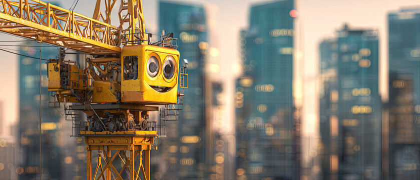 Yellow cartoon crane with smiling face against a modern city skyline, concept of construction, optimism, and urban growth.