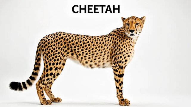 Majestic cheetah stands poised on a clean white background captured in a still shot showcasing its spotted coat and powerful physique ideal for wildlife