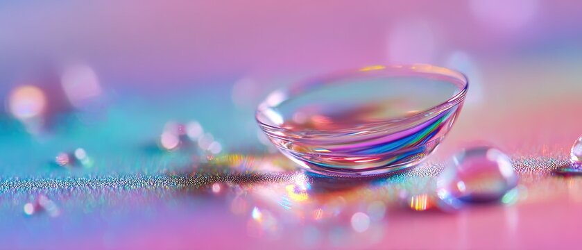 Close-up of a single contact lens with water droplets on a vibrant, pastel gradient background, capturing clarity and freshness.