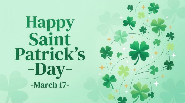 Happy Saint Patrick's Day greeting card with green shamrocks and clover leaves.