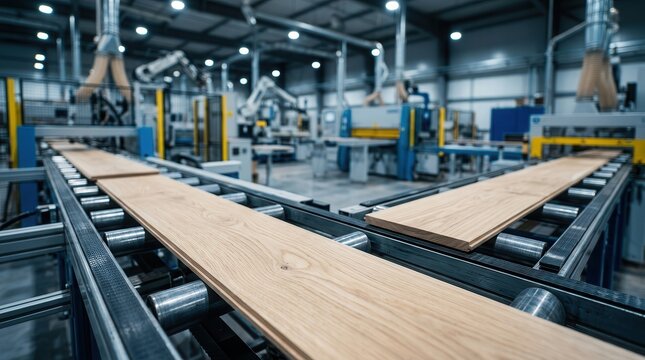 Automated machinery and raw lumber materials on a modern woodworking factory production line.