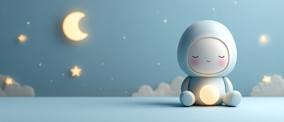 Fototapeta premium Adorable plush toy in cozy hoodie, glowing in soft night light. Dreamy background with moon, stars, and clouds. Perfect for childhood, bedtime, and nursery themes.