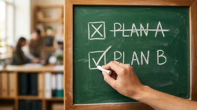 Hand choosing plan B over plan A on a green chalkboard for business strategy and contingency planning.
