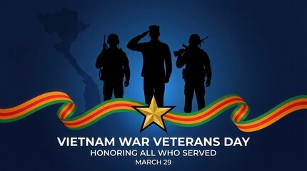 Naklejka premium Vietnam War Veterans Day March 29 with soldier silhouettes saluting against a blue background.