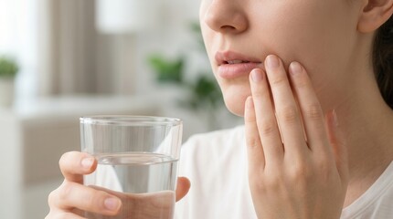 Obraz premium Young person recovering at home after wisdom teeth removal while holding a glass of water.