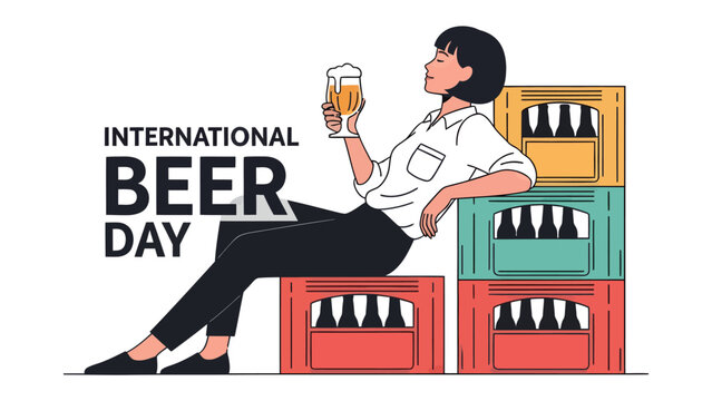 Celebrating International Beer Day: A woman enjoys a cold beer while seated on stacked crates, a perfect illustration for commemorating International Beer Day and appreciating a refreshing beverage.