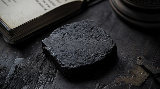 Vintage still life of a dark rough stone resting on pages of an ancient calligraphy book.