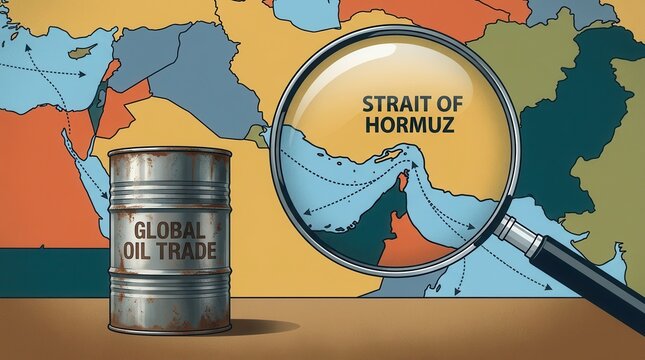 Strait of Hormuz map illustration featuring a magnifying glass and global oil trade barrel.