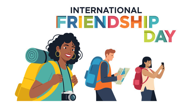 Friends Celebrating International Friendship Day: A vibrant illustration depicts diverse friends embarking on an adventure, celebrating International Friendship Day with backpacks, maps, and cameras.