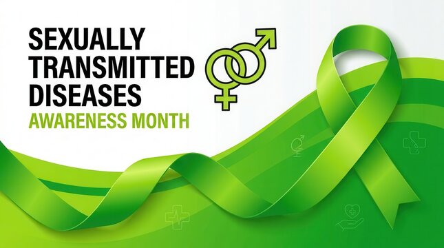 Sexually transmitted diseases awareness month graphic with green ribbon and gender symbols.