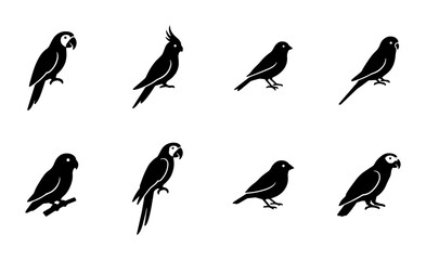 Obraz premium Set of 8 Black Silhouette Bird Icons, Vector Graphics Collection for Nature and Wildlife Designs