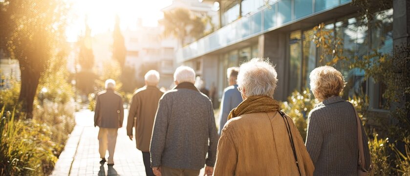 A group of senior adults walking together on a sunlit urban pathway, enjoying a pleasant day outside, symbolizing active aging and community.