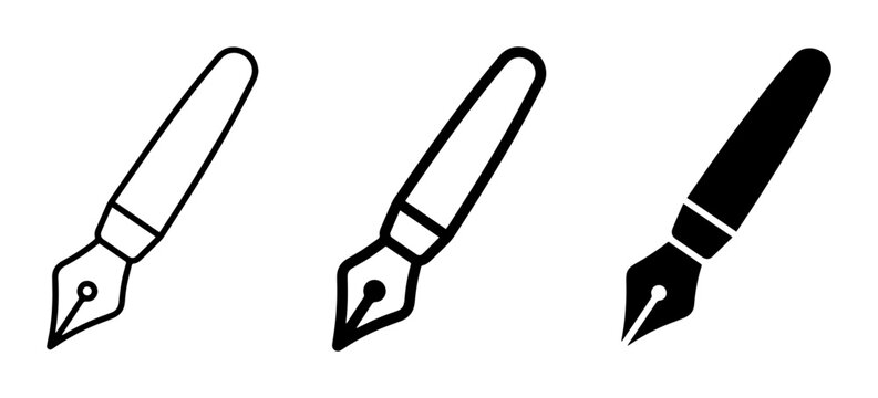 Fountain Pen Icons: Classic Writing Tools, Ink Pen Symbols, Calligraphy Nib Designs, Vintage Writing Instruments, Black and White Vector Graphics
