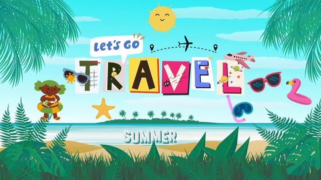 A colorful travel advertisement with summer vibes and tropical elements featuring a cartoon character