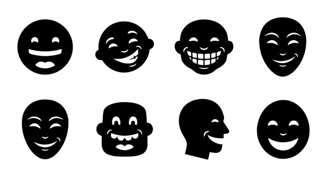 Joyful Face Icons Set, Expressive Smile Emoticons Collection, Black Silhouette Emotion Symbols, Vector Graphics for Communication