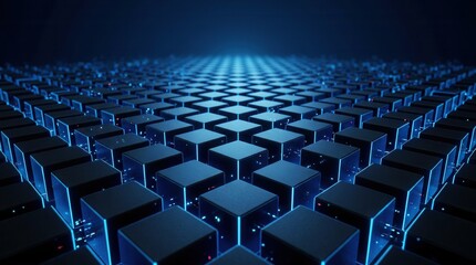 Obraz premium Abstract digital background of glowing blue cubes representing big data network and server technology.