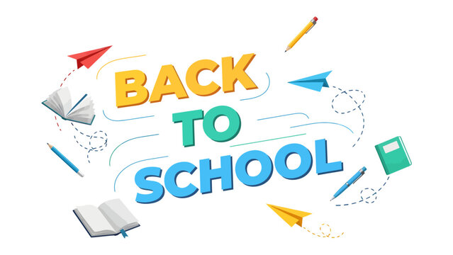 Back to School Excitement: A vibrant illustration captures the joy of returning to school with the phrase BACK TO SCHOOL set against a backdrop of flying paper airplanes, open books, pencils.