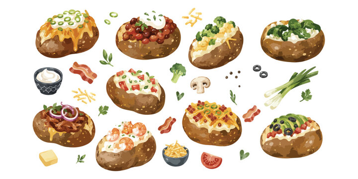 Watercolor loaded baked potatoes with various toppings set