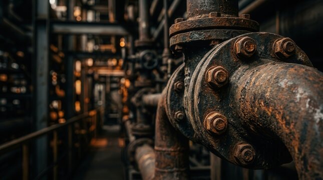 Close-up of weathered and rusty industrial pipes with metal flanges and bolts.