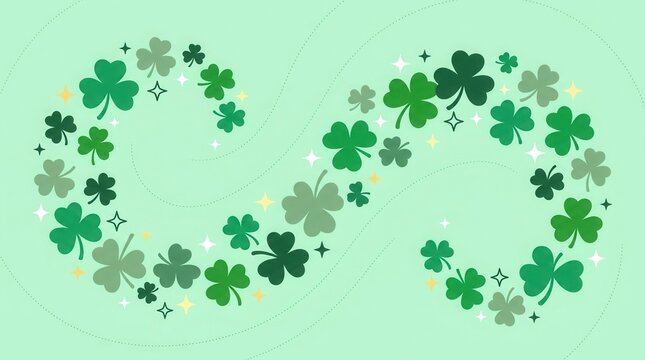 Happy Saint Patrick's Day greeting card with green shamrocks and sparkling stars on pastel green background.