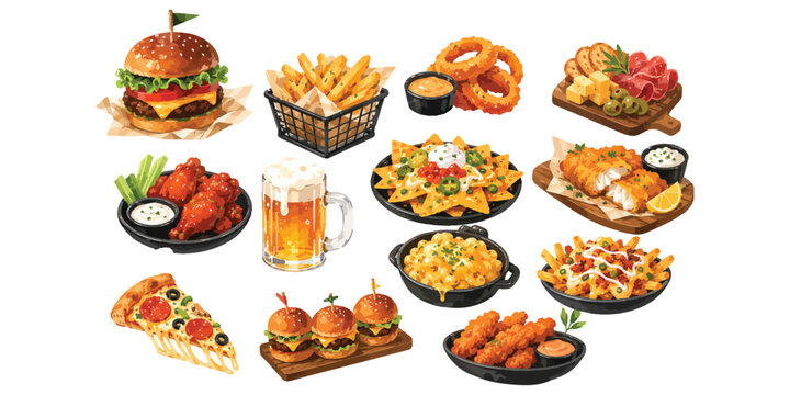  Watercolor pub food american snacks and fast food set