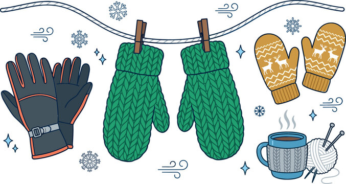 Cozy winter vector set with green knitted mittens hanging on clothesline leather gloves coffee mug isolated on white
