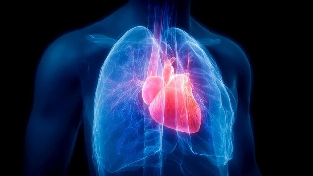 Animated 3D medical visualization of a beating human heart and lungs. Detailed 3D rendering showcases the intricate anatomy of the human heart and lungs in motion