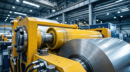Obraz premium Close-up of an industrial metal sheet rolling machine in a factory setting.