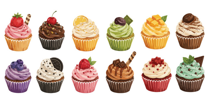  Watercolor colorful cupcakes with different toppings set