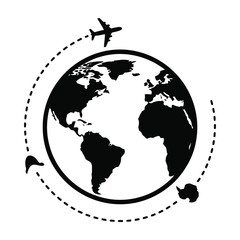 Naklejka premium Global Travel Concept Icon Featuring a Silhouette of Planet Earth and an Airplane Flight Path