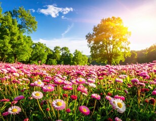 Obraz premium A vibrant field of pink and white flowers bathed in sunlight with green trees in the background