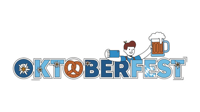 Oktoberfest Celebration Graphic: A vibrant illustration of the word Oktoberfest stylized with Bavarian motifs and featuring a festive character holding a large beer mug.