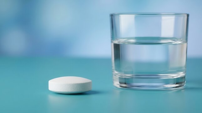 A white sublingual medication tablet rests on a sterile glass surface near a glass of clear water.